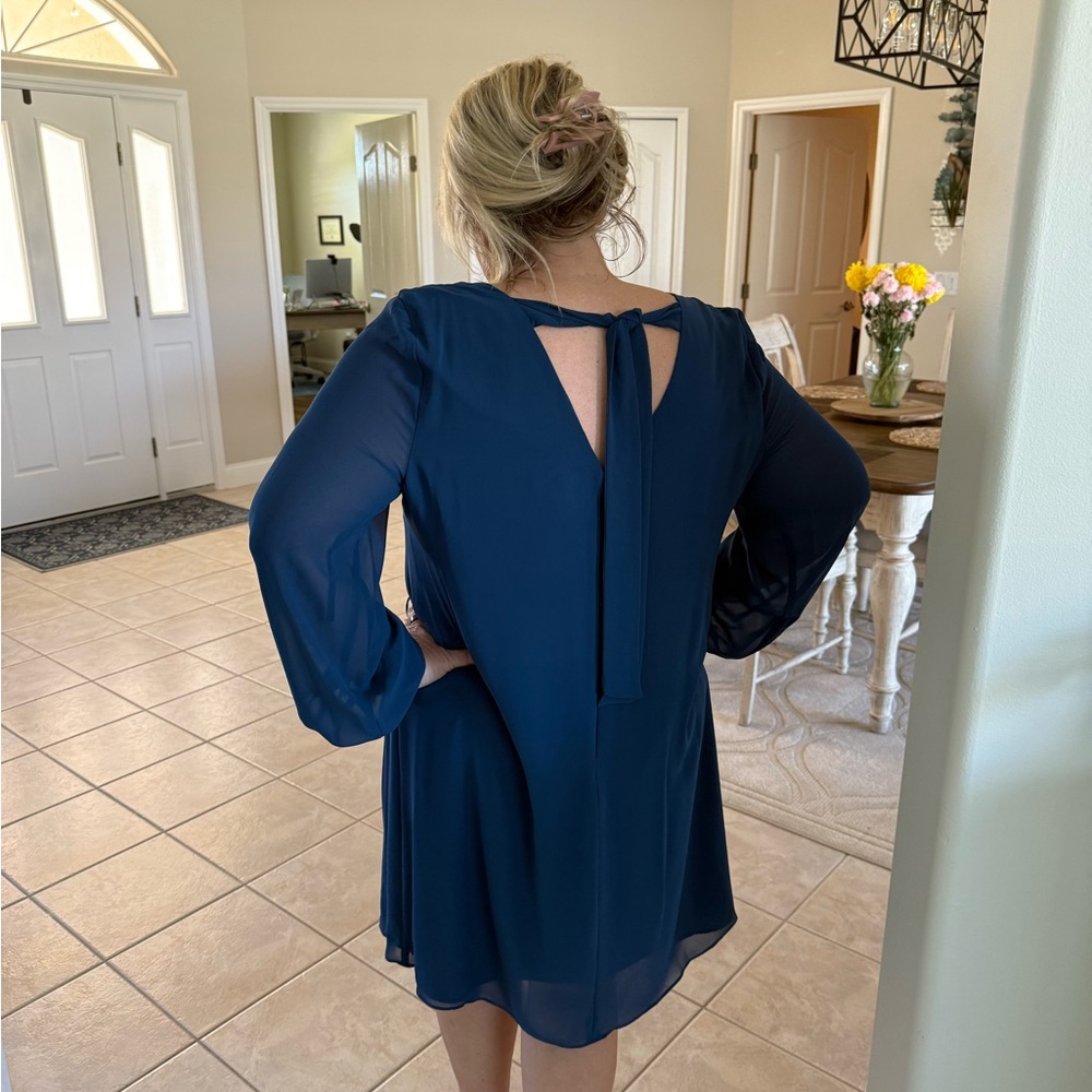 I.N.C | International Concepts Blue Shift Dress XL Long Sleeve V Neck Bow Back - Picture 3 of 9